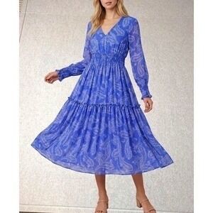 Taylor Blue Paisley Midi Dress Womens Size 4 Blue Chiffon Tiered Cottage Flowy
